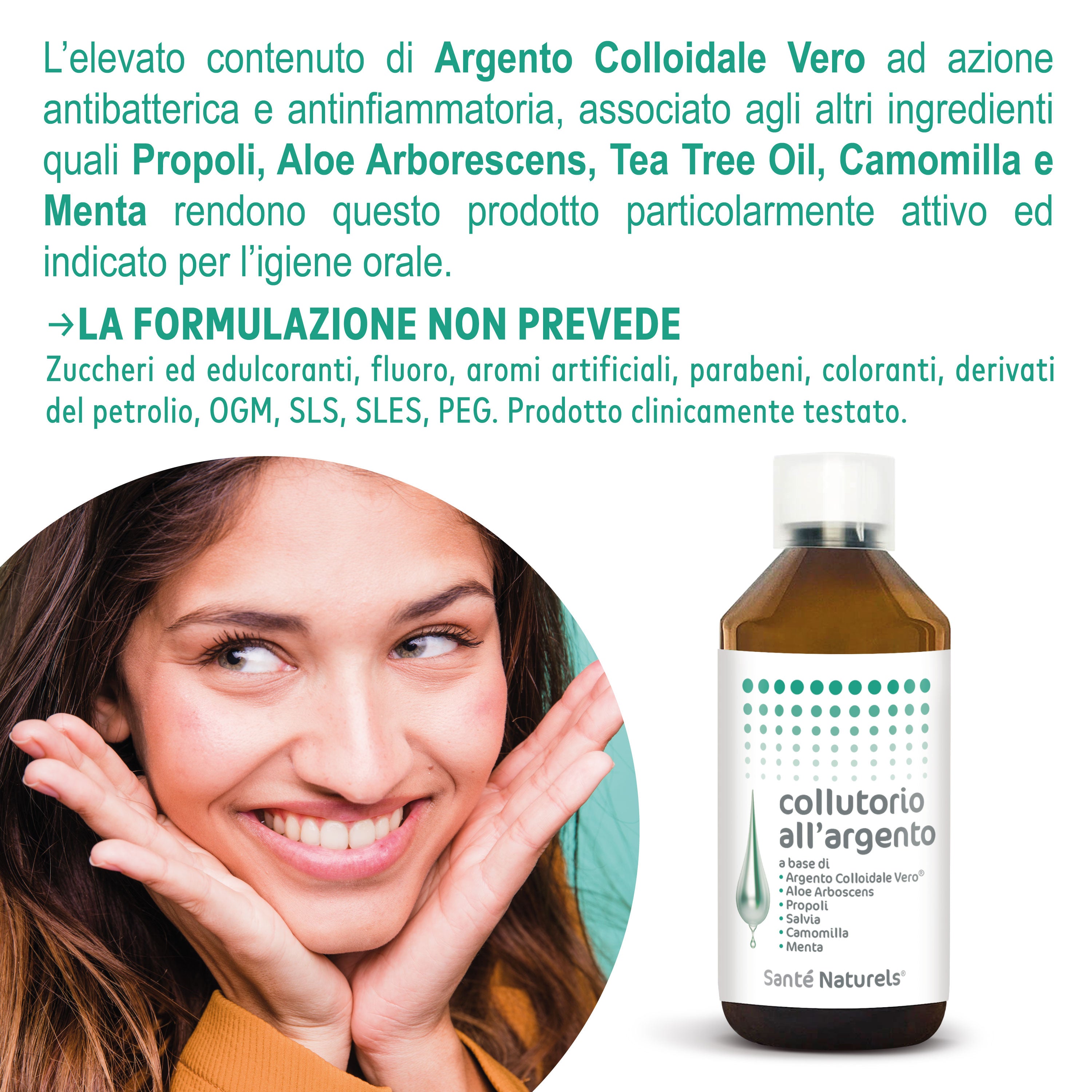 Collutorio con Argento Colloidale, AloeArborescens, Propoli, Camomilla, Malva, Menta 250 ml