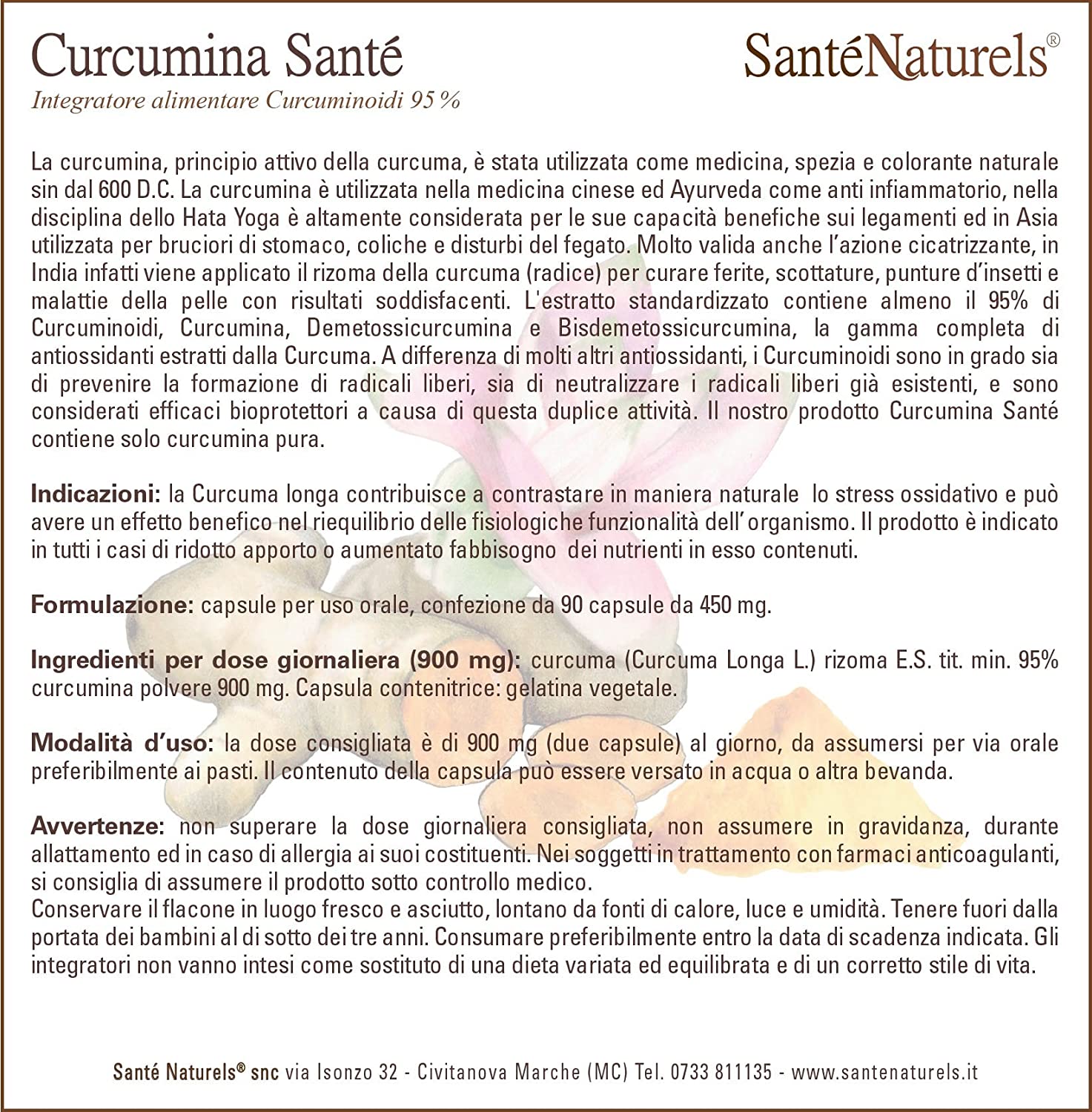 Santé Naturels Pura Curcumina - 90 cápsulas 450mg. Solo ingrediente activo